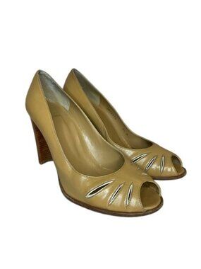 Stuart Weitzman Tan Leather Peep Toe High Heel Pumps With Cutout Design Sz 8.5